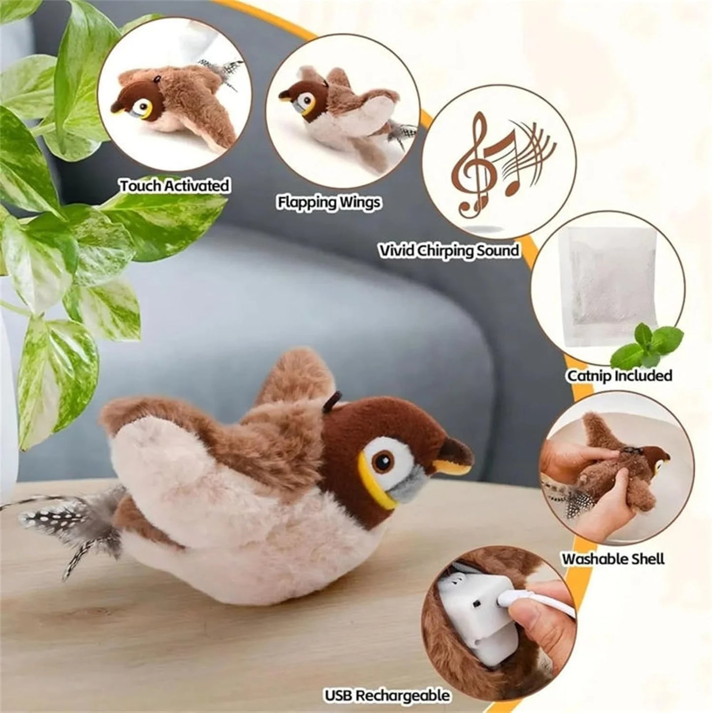 Cat Toy,  Bird Cat Toy, Flappychase Interactive Cat Toy, Chirping Bird Cat Toy Flapping Wings, Flying Interactive Electric Sparrow Bird (Sparrow*1)