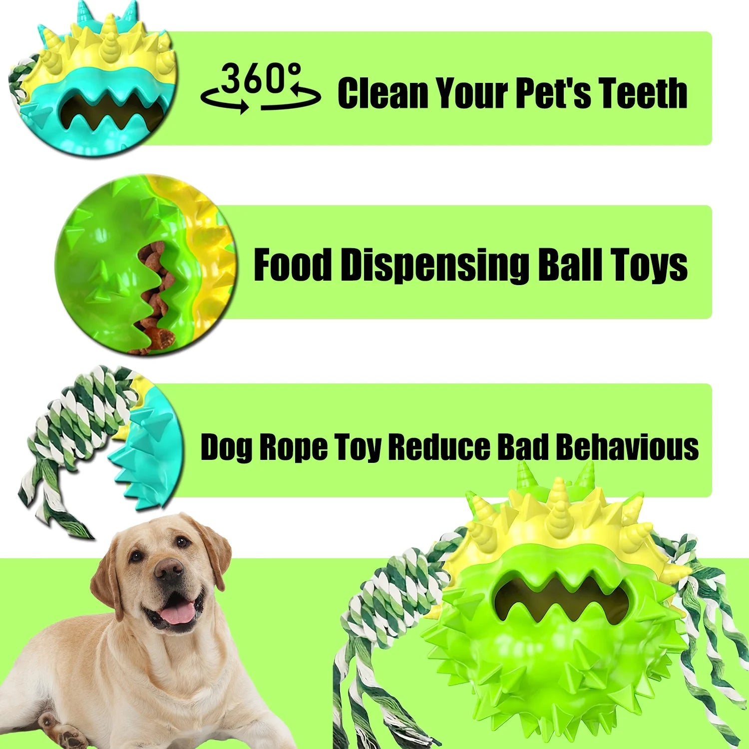 Dog Chew Toys Ball for Aggressive Chewers,  Indestructible Squeaker Dog Toy Puppy Chew Teething Toys for Large Medium Small Dogs,Green