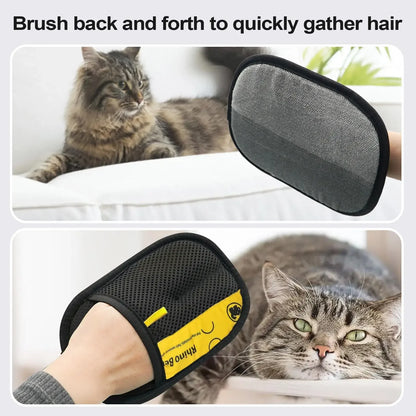 Pet grooming mitt with text on using it to gather hair, shown with a cat.