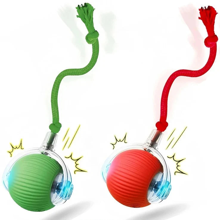 Two colorful ball toys with ropes, one green and one red, on a white background.