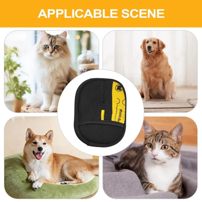Product packaging with a black and yellow label surrounded by images of cats and dogs.
