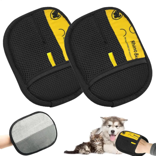 Two black mesh pads with yellow labels, a glove, and two pets on a white background.